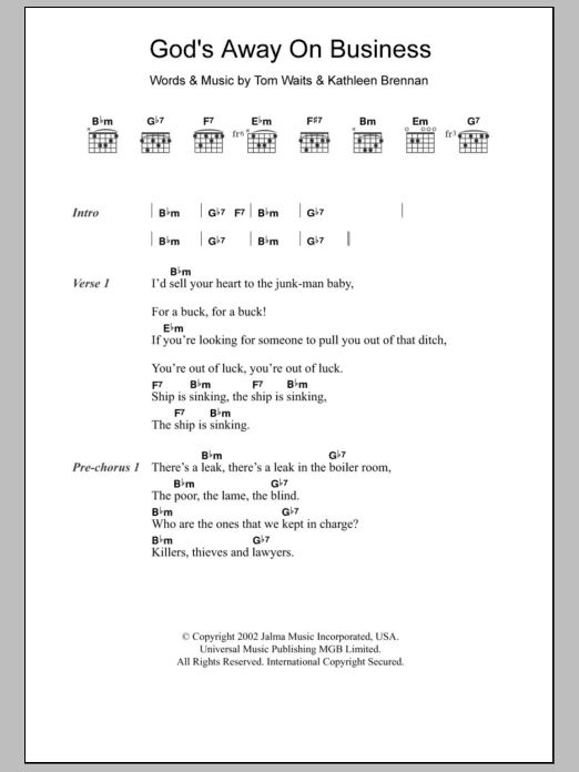 Tom Waits God's Away On Business sheet music notes and chords arranged for Guitar Chords/Lyrics