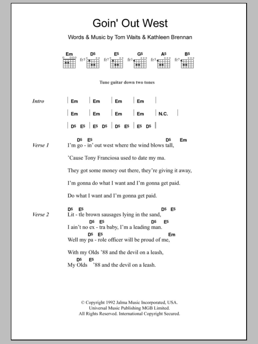 Tom Waits Goin' Out West sheet music notes and chords arranged for Guitar Chords/Lyrics