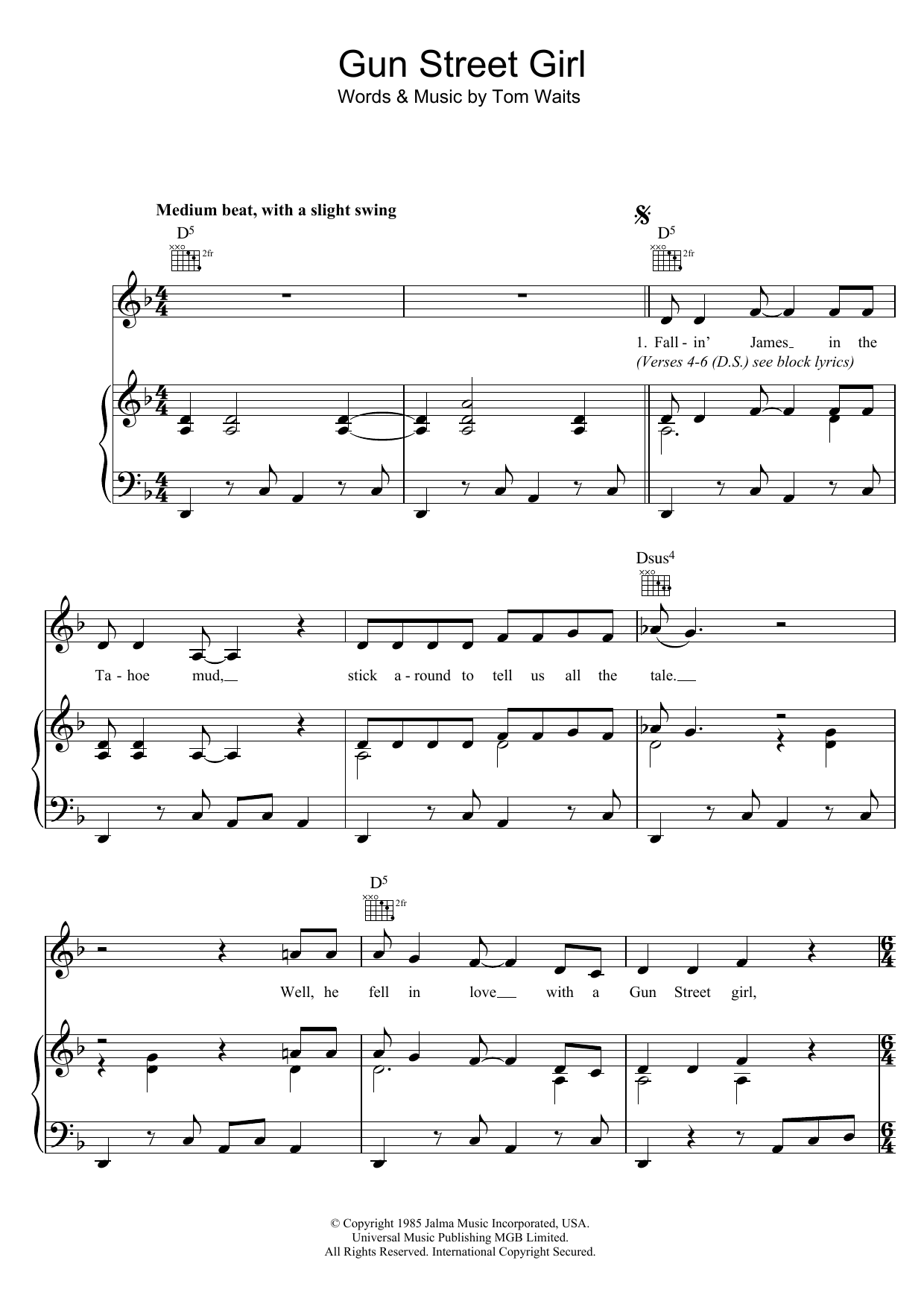 Tom Waits Gun Street Girl sheet music notes and chords arranged for Piano, Vocal & Guitar Chords