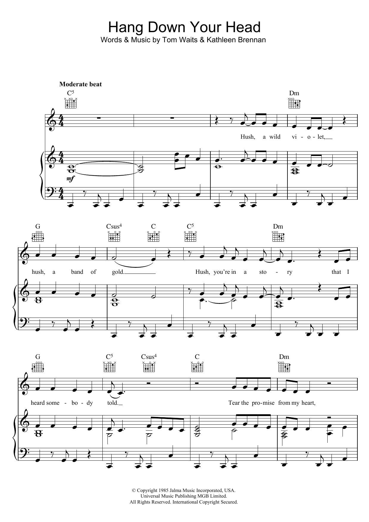 Tom Waits Hang Down Your Head sheet music notes and chords arranged for Guitar Chords/Lyrics