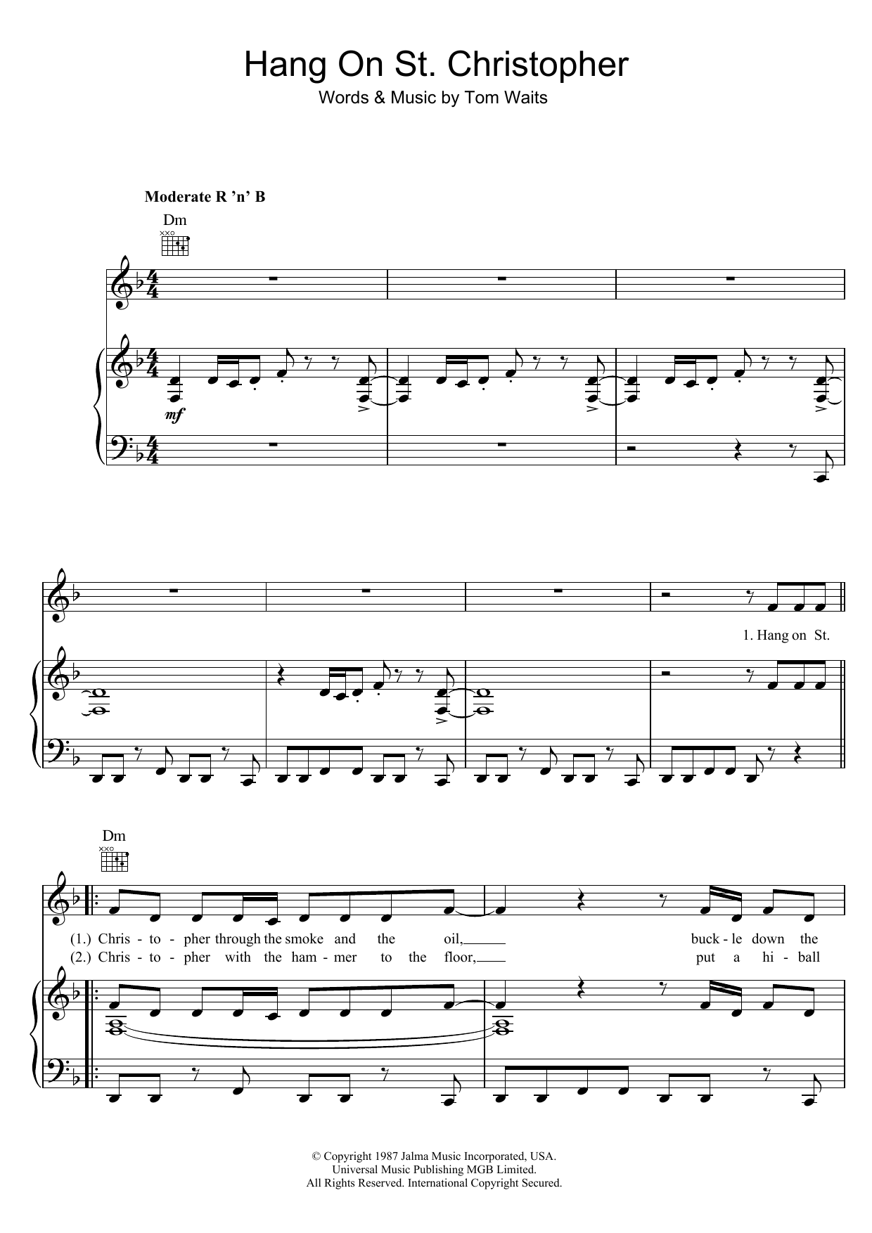 Tom Waits Hang On St. Christopher sheet music notes and chords arranged for Piano, Vocal & Guitar Chords