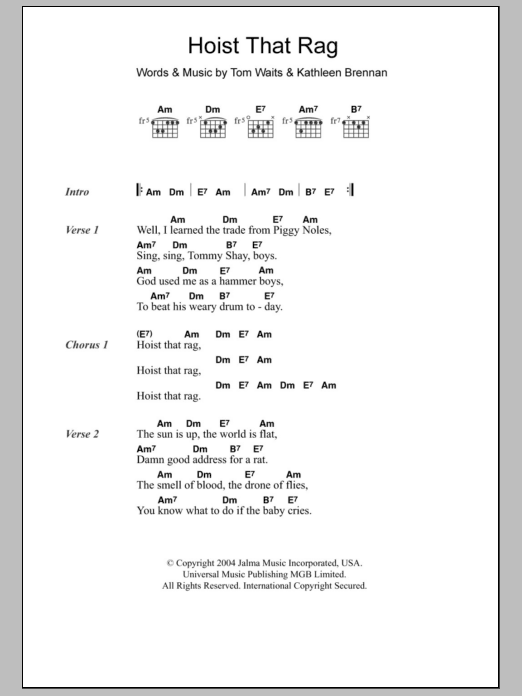 Tom Waits Hoist That Rag sheet music notes and chords arranged for Guitar Chords/Lyrics