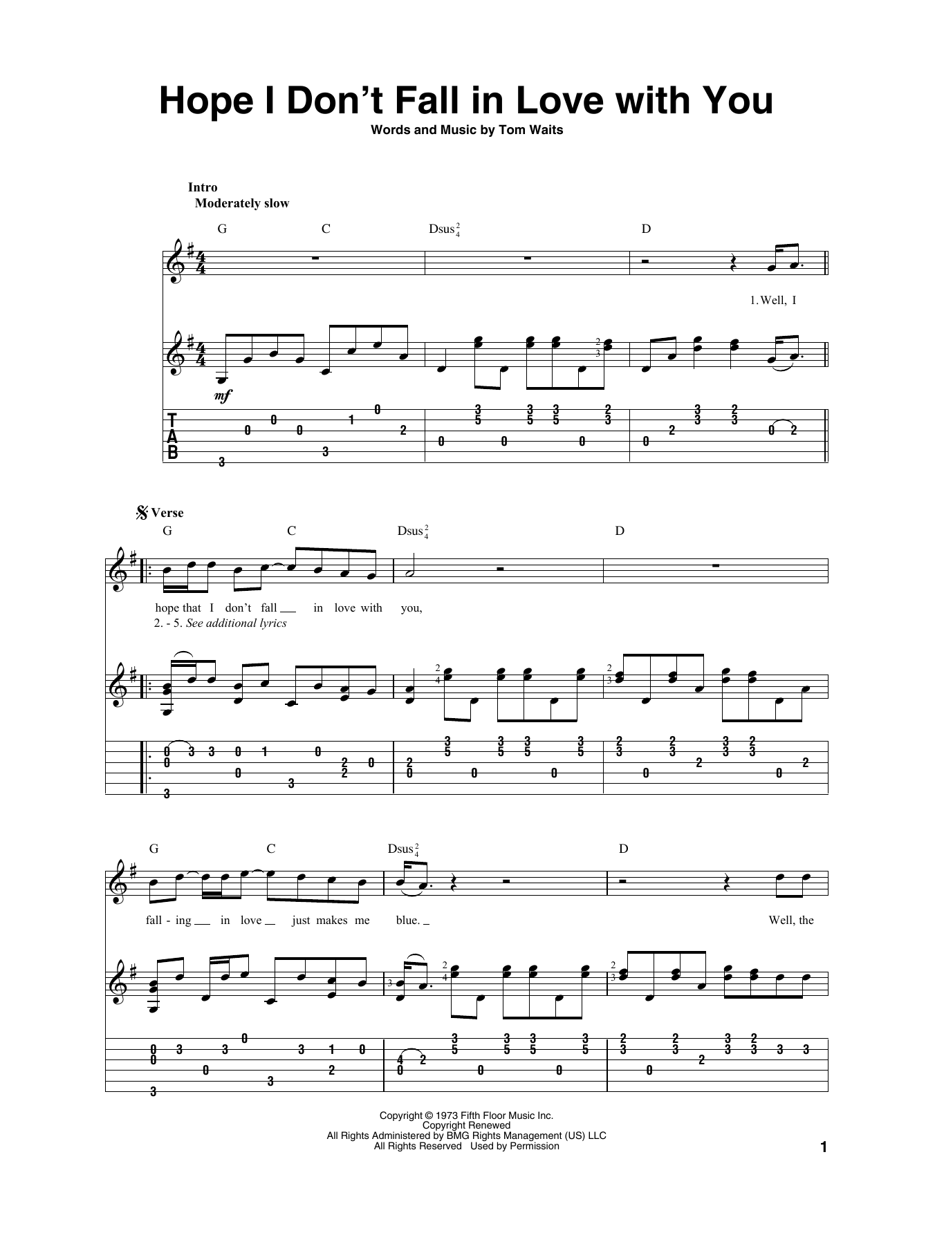Tom Waits Hope I Don't Fall In Love With You sheet music notes and chords arranged for Solo Guitar