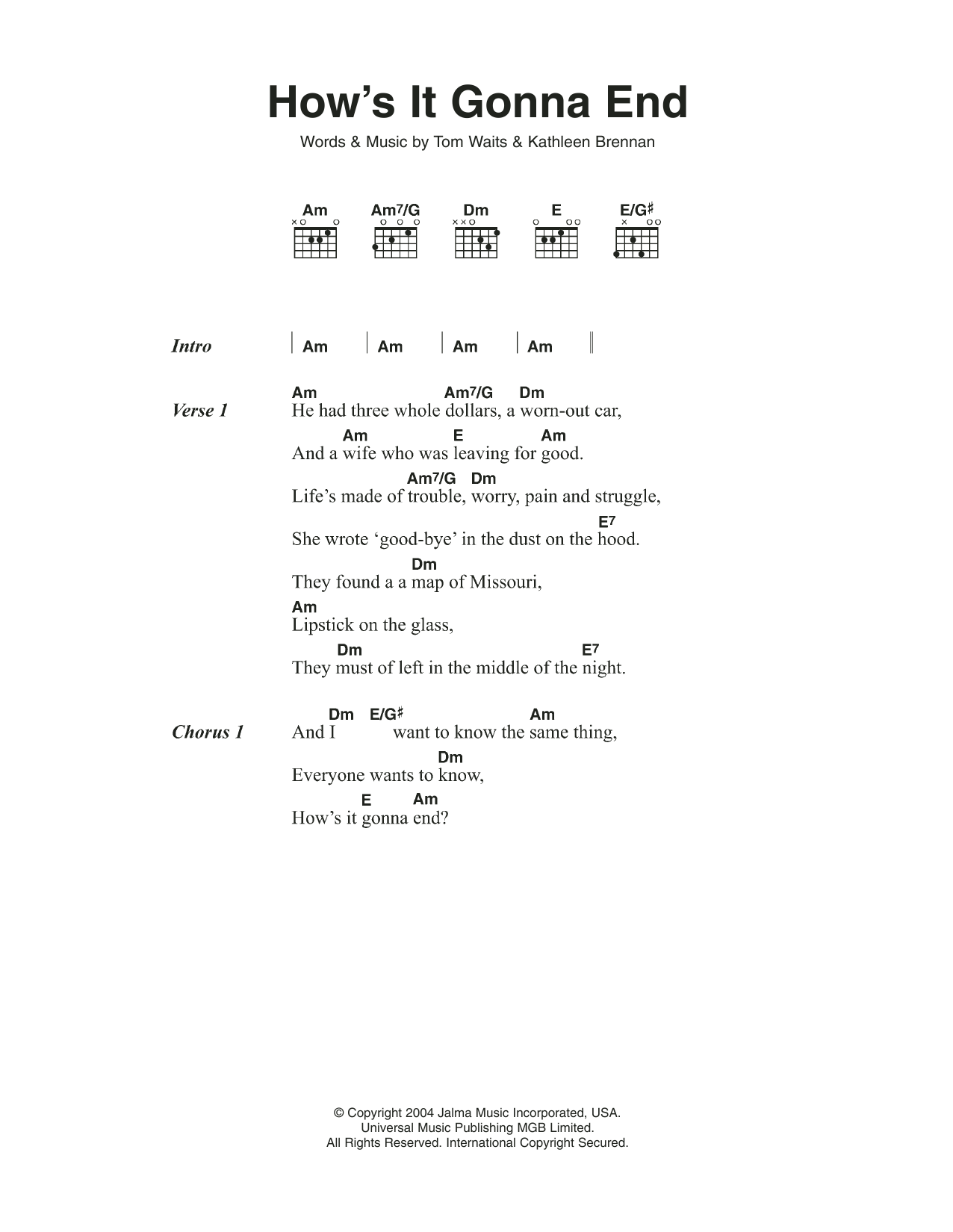 Tom Waits How's It Gonna End sheet music notes and chords arranged for Guitar Chords/Lyrics