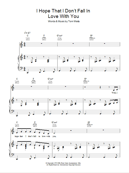 Tom Waits I Hope That I Don't Fall In Love With You sheet music notes and chords arranged for Piano, Vocal & Guitar Chords