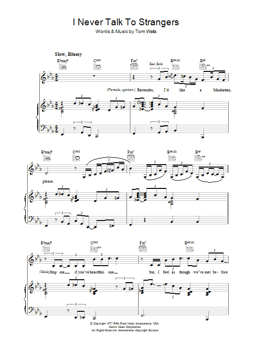 Tom Waits I Never Talk To Strangers sheet music notes and chords arranged for Piano, Vocal & Guitar Chords