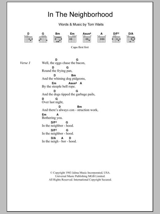 Tom Waits In The Neighborhood sheet music notes and chords arranged for Guitar Chords/Lyrics