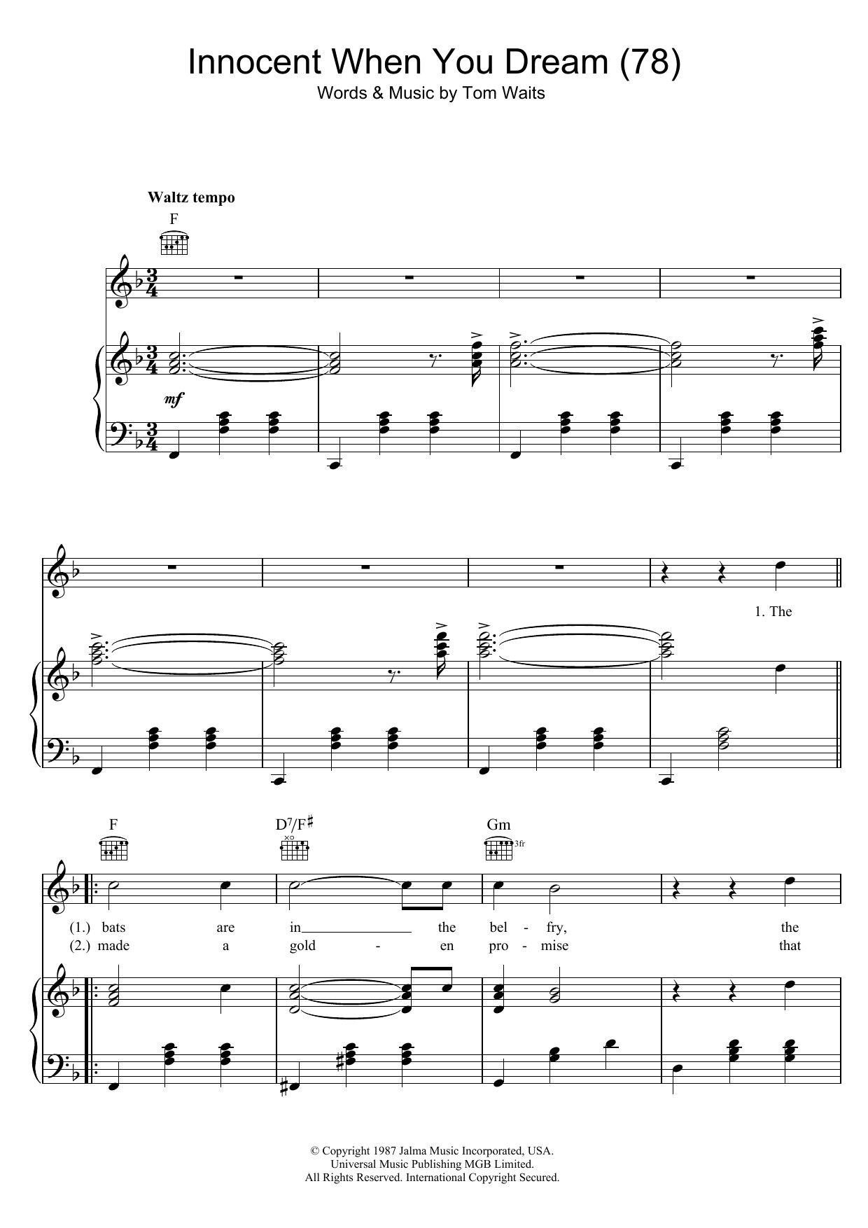 Tom Waits Innocent When You Dream (78) sheet music notes and chords arranged for Guitar Chords/Lyrics