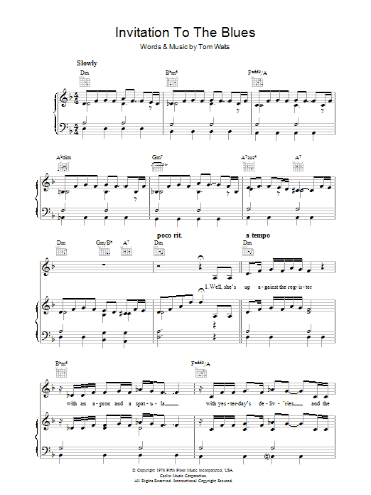 Tom Waits Invitation To The Blues sheet music notes and chords arranged for Guitar Chords/Lyrics