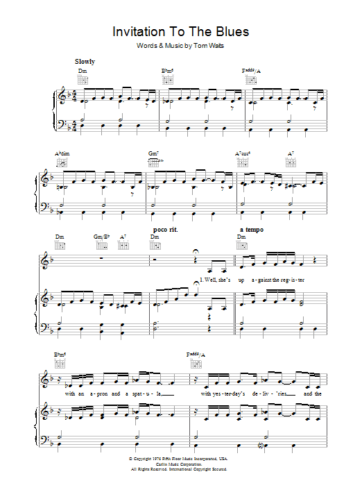 Tom Waits Invitation To The Blues sheet music notes and chords arranged for Piano, Vocal & Guitar Chords