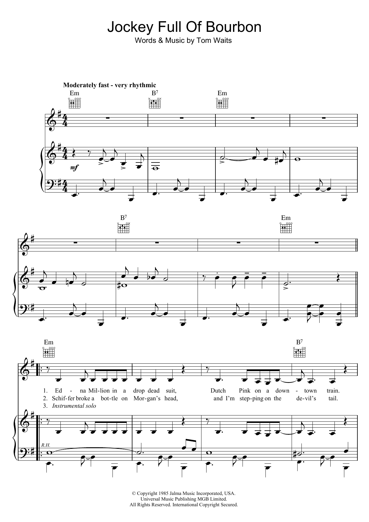 Tom Waits Jockey Full Of Bourbon sheet music notes and chords arranged for Piano, Vocal & Guitar Chords