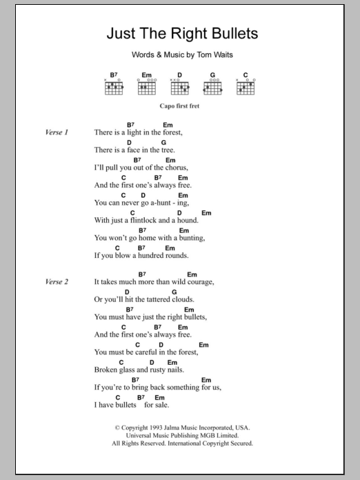 Tom Waits Just The Right Bullets sheet music notes and chords arranged for Guitar Chords/Lyrics