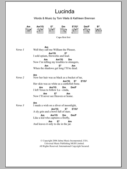 Tom Waits Lucinda sheet music notes and chords arranged for Guitar Chords/Lyrics