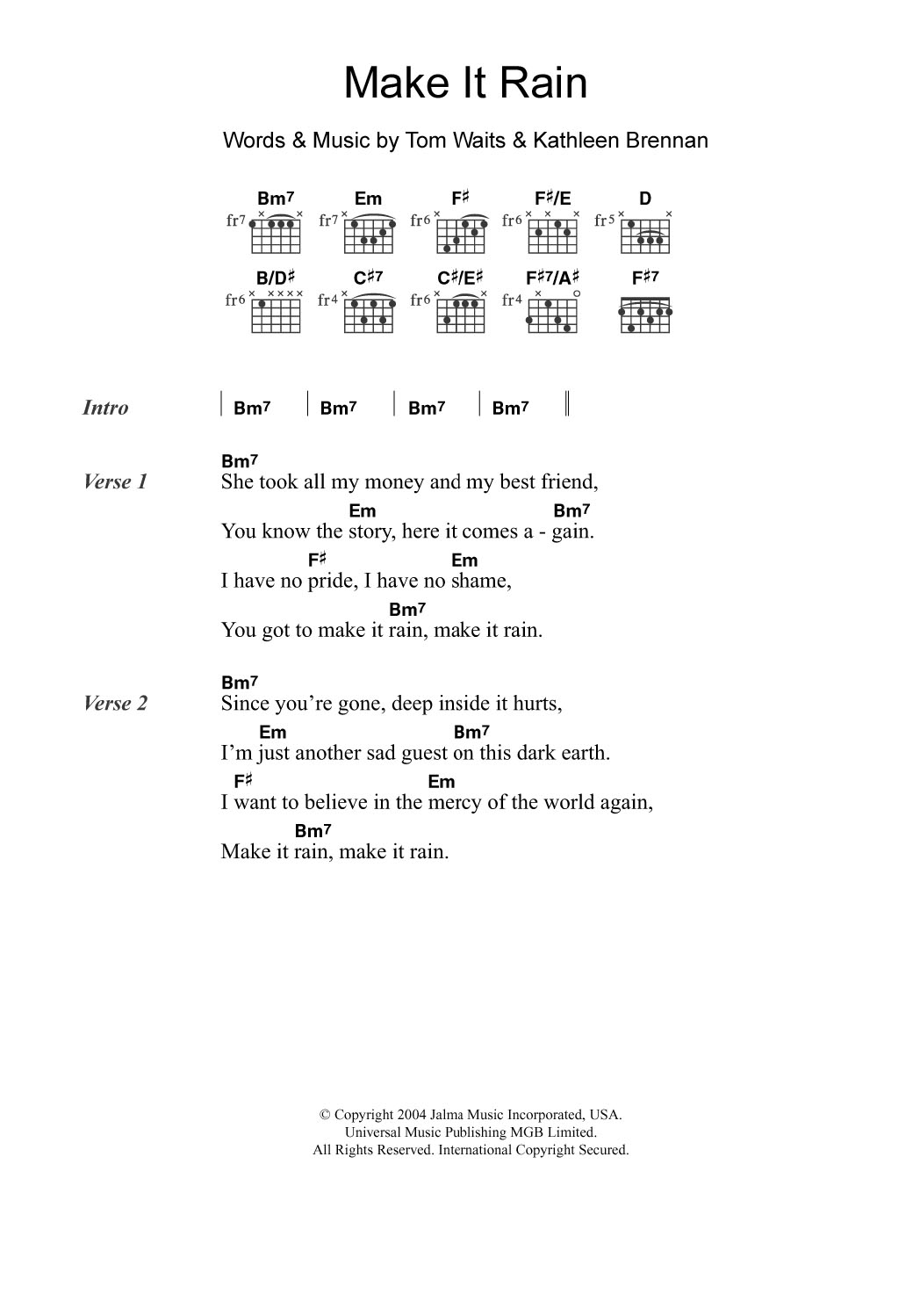 Tom Waits Make It Rain sheet music notes and chords arranged for Guitar Chords/Lyrics