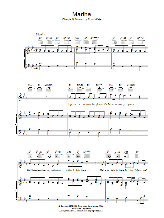 Tom Waits Martha sheet music notes and chords arranged for Guitar Chords/Lyrics