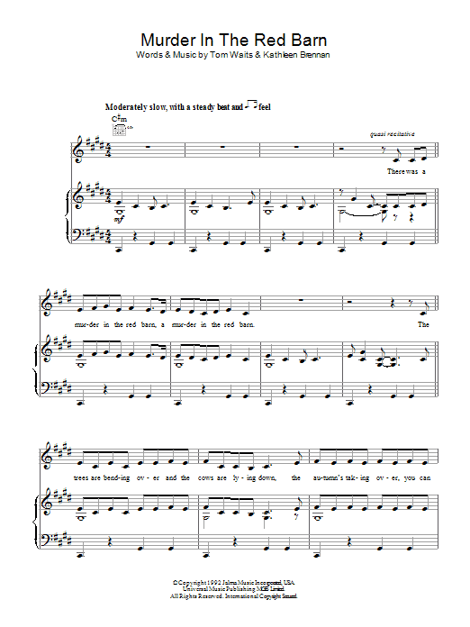 Tom Waits Murder In The Red Barn sheet music notes and chords arranged for Piano, Vocal & Guitar Chords