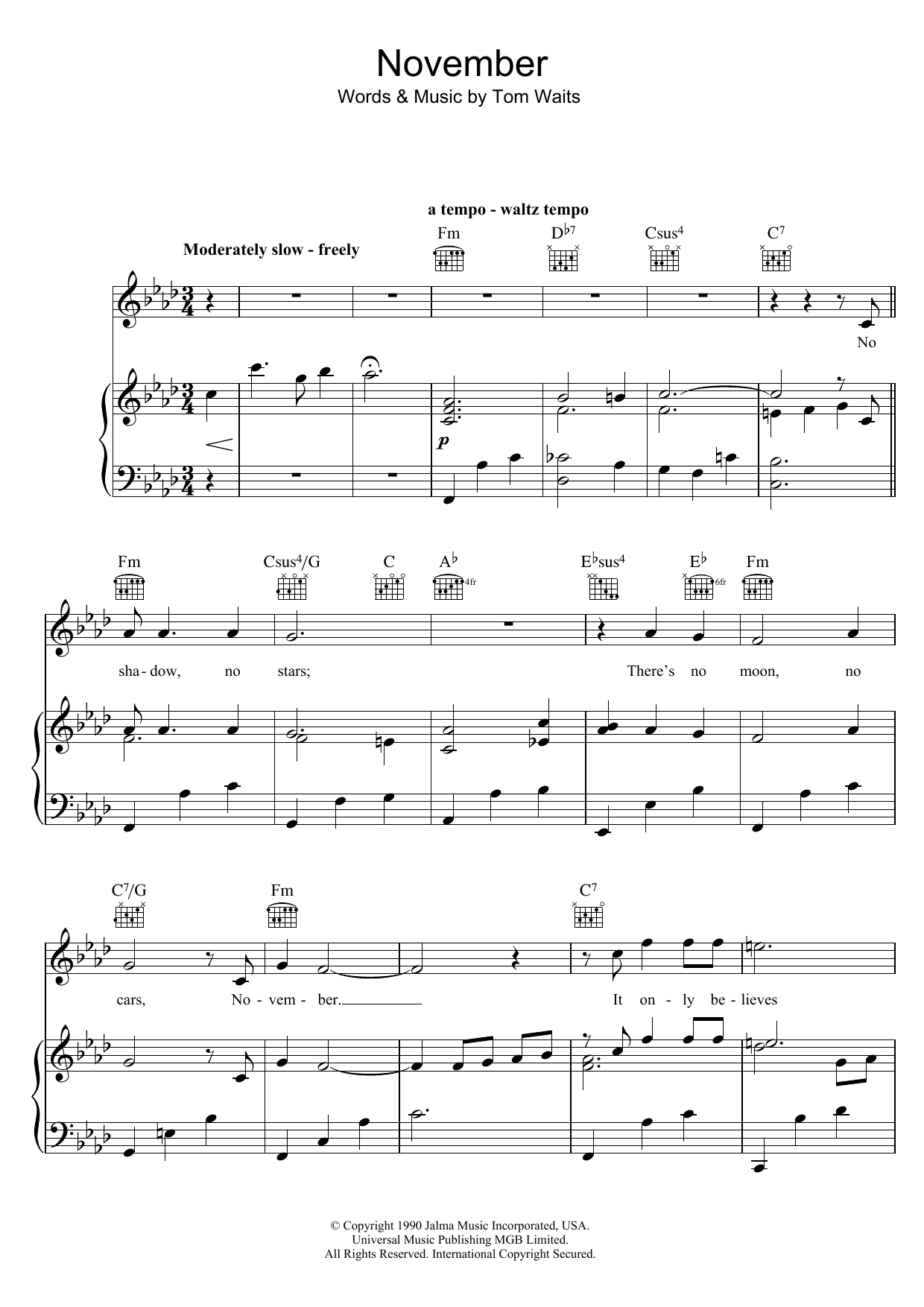 Tom Waits November sheet music notes and chords arranged for Guitar Chords/Lyrics