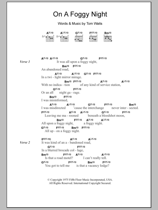 Tom Waits On A Foggy Night sheet music notes and chords arranged for Guitar Chords/Lyrics