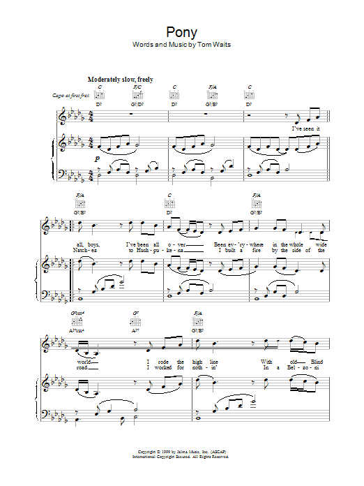 Tom Waits Pony sheet music notes and chords arranged for Piano, Vocal & Guitar Chords