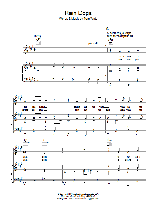 Tom Waits Rain Dogs sheet music notes and chords arranged for Piano, Vocal & Guitar Chords
