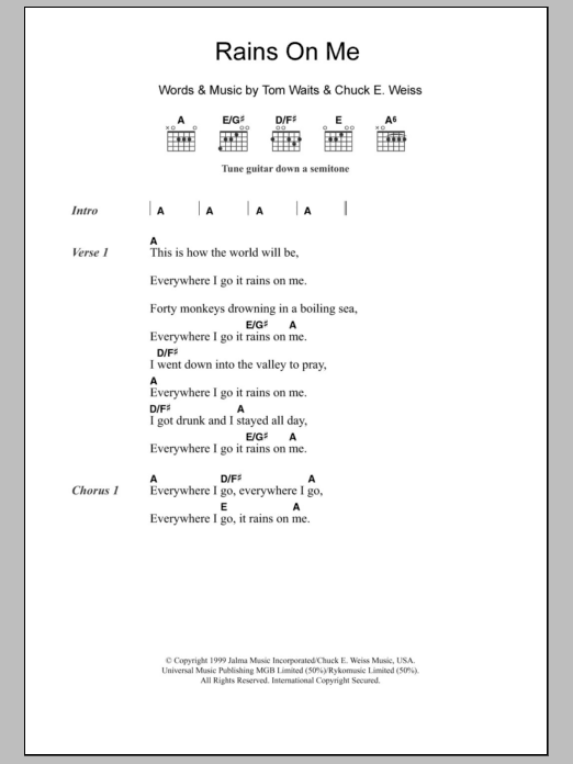 Tom Waits Rains On Me sheet music notes and chords arranged for Guitar Chords/Lyrics