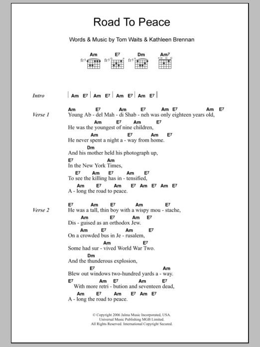 Tom Waits Road To Peace sheet music notes and chords arranged for Guitar Chords/Lyrics