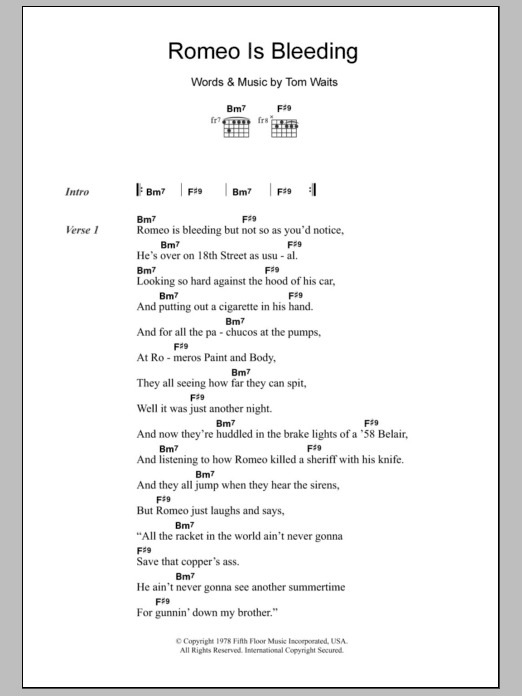 Tom Waits Romeo Is Bleeding sheet music notes and chords arranged for Guitar Chords/Lyrics