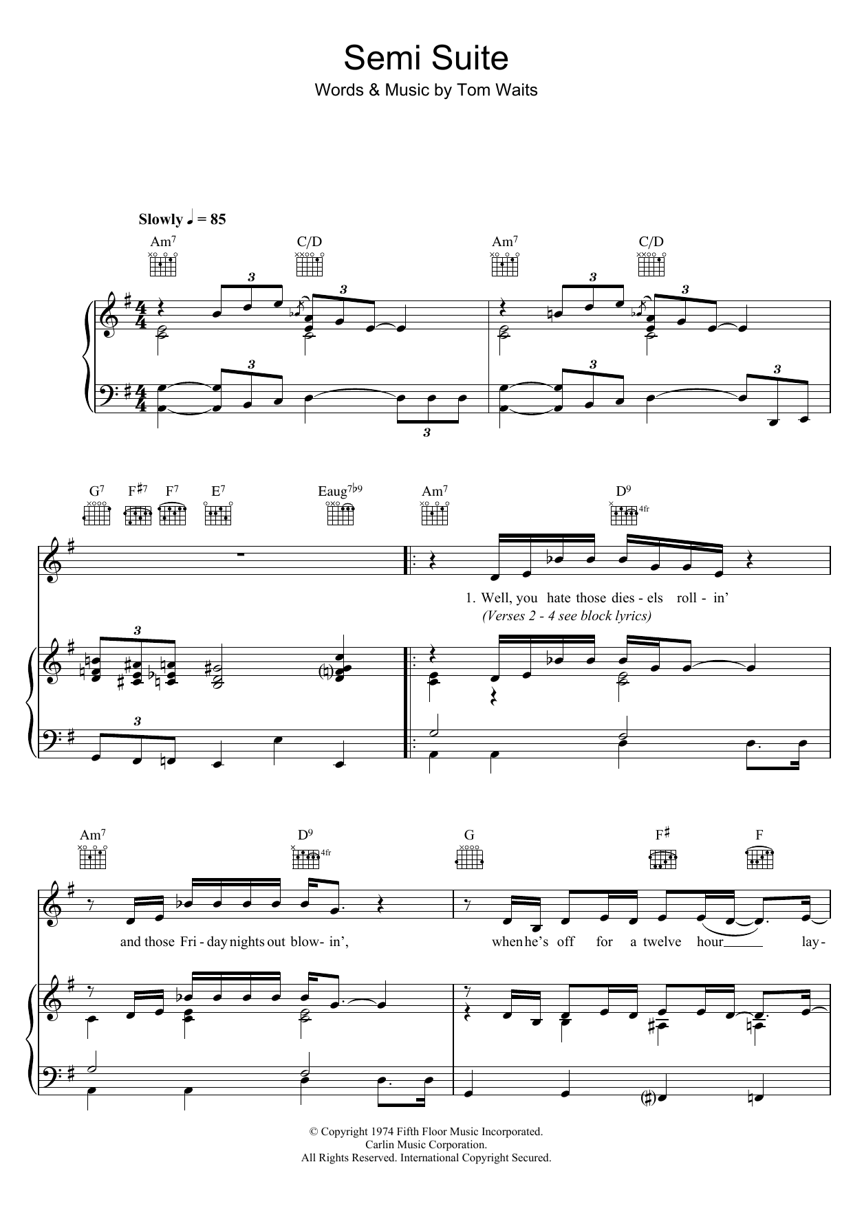 Tom Waits Semi Suite sheet music notes and chords arranged for Piano, Vocal & Guitar Chords