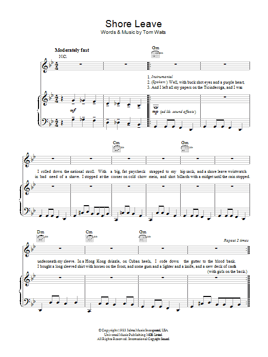 Tom Waits Shore Leave sheet music notes and chords arranged for Piano, Vocal & Guitar Chords