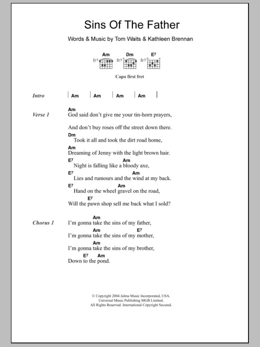 Tom Waits Sins Of The Father sheet music notes and chords arranged for Guitar Chords/Lyrics