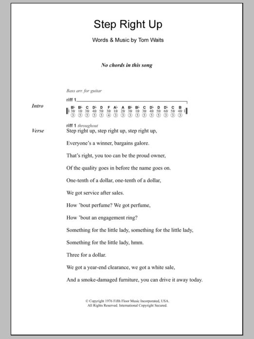 Tom Waits Step Right Up sheet music notes and chords arranged for Guitar Chords/Lyrics