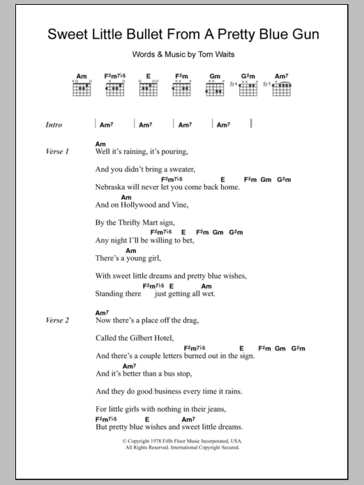Tom Waits Sweet Little Bullet From A Pretty Blue Gun sheet music notes and chords arranged for Guitar Chords/Lyrics