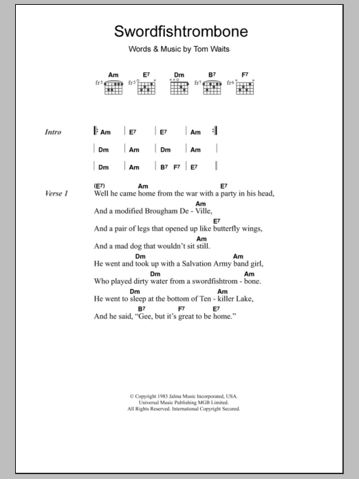 Tom Waits Swordfishtrombone sheet music notes and chords arranged for Guitar Chords/Lyrics