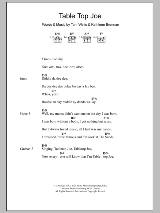 Tom Waits Table Top Joe sheet music notes and chords arranged for Guitar Chords/Lyrics