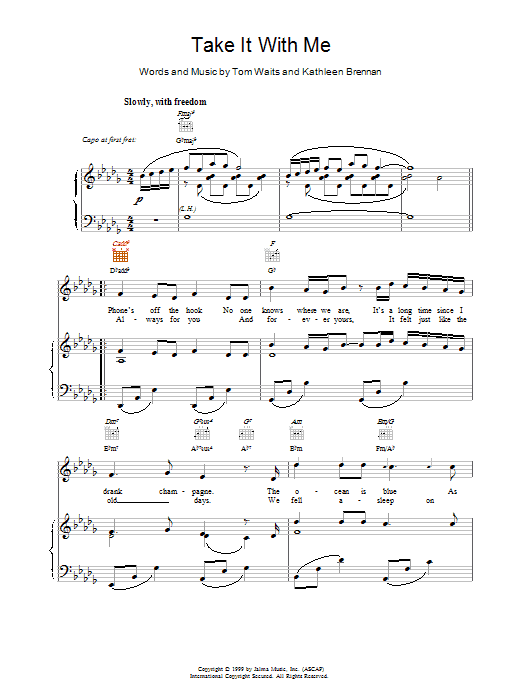 Tom Waits Take It With Me sheet music notes and chords arranged for Piano, Vocal & Guitar Chords