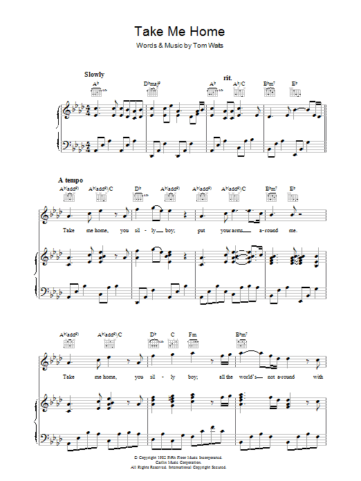 Tom Waits Take Me Home sheet music notes and chords arranged for Piano, Vocal & Guitar Chords