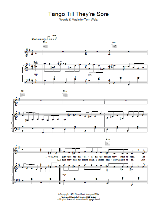 Tom Waits Tango Till They're Sore sheet music notes and chords arranged for Piano, Vocal & Guitar Chords