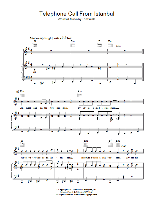 Tom Waits Telephone Call From Istanbul sheet music notes and chords arranged for Piano, Vocal & Guitar Chords