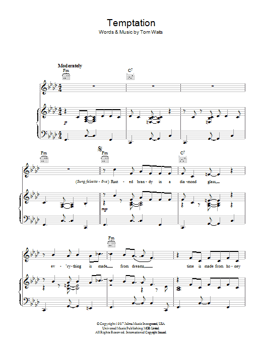 Tom Waits Temptation sheet music notes and chords arranged for Piano, Vocal & Guitar Chords