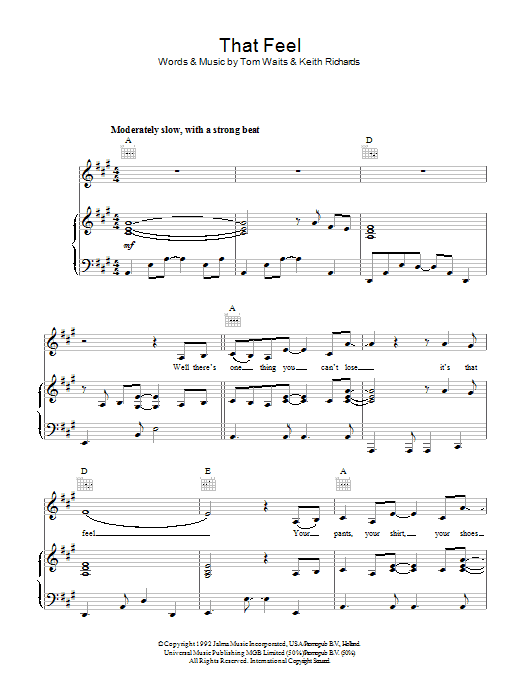 Tom Waits That Feel sheet music notes and chords arranged for Piano, Vocal & Guitar Chords