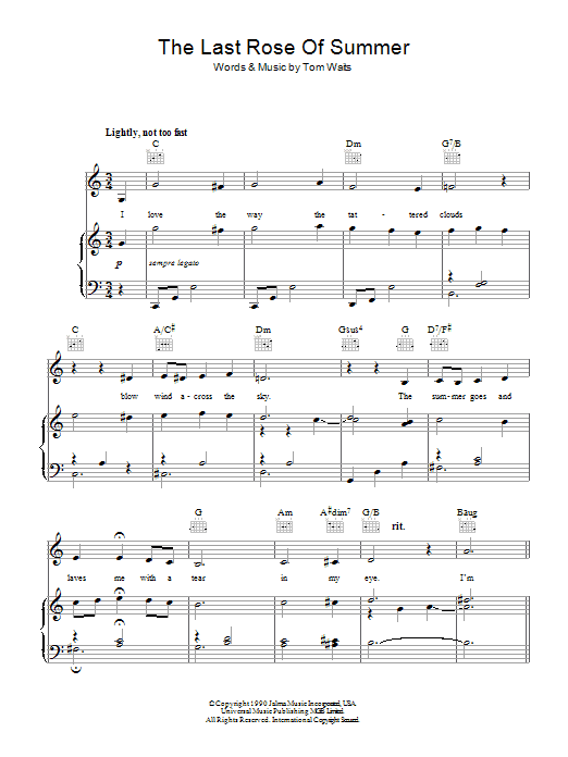 Tom Waits The Last Rose Of Summer sheet music notes and chords arranged for Piano, Vocal & Guitar Chords