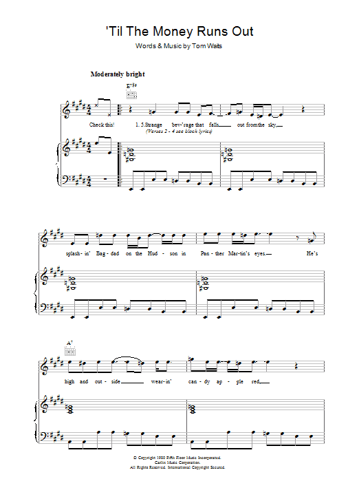 Tom Waits 'Til The Money Runs Out sheet music notes and chords arranged for Piano, Vocal & Guitar Chords