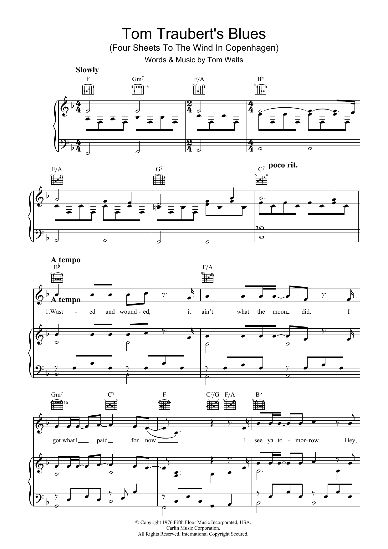 Tom Waits Tom Traubert's Blues (Four Sheets To The Wind In Copenhagen) sheet music notes and chords arranged for Guitar Chords/Lyrics
