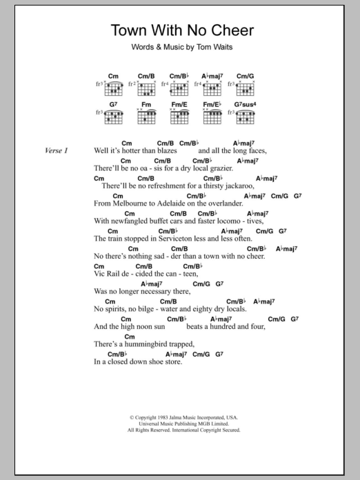 Tom Waits Town With No Cheer sheet music notes and chords arranged for Guitar Chords/Lyrics
