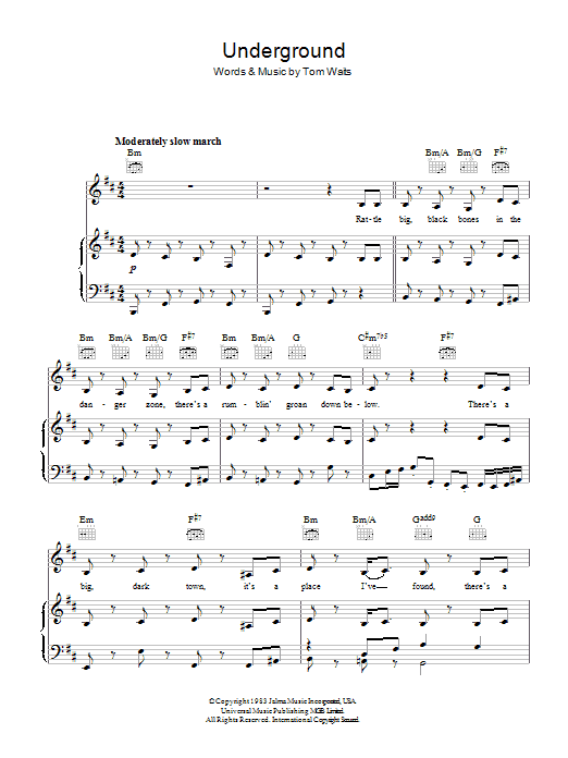 Tom Waits Underground sheet music notes and chords arranged for Piano, Vocal & Guitar Chords