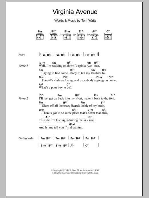 Tom Waits Virginia Avenue sheet music notes and chords arranged for Guitar Chords/Lyrics