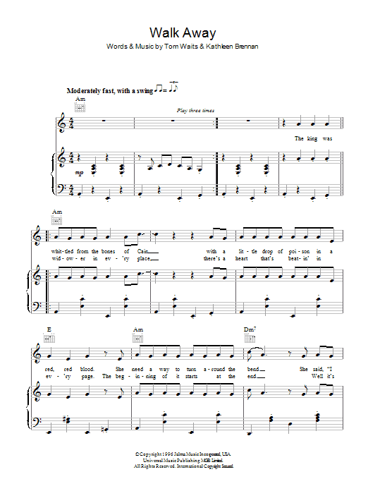 Tom Waits Walk Away sheet music notes and chords arranged for Piano, Vocal & Guitar Chords