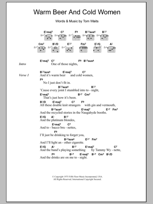 Tom Waits Warm Beer And Cold Women sheet music notes and chords arranged for Guitar Chords/Lyrics