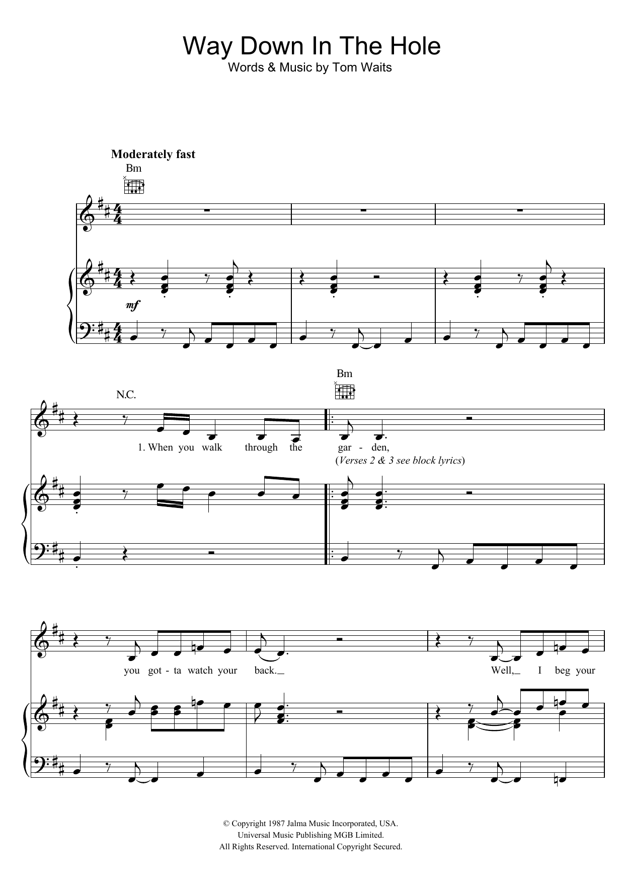 Tom Waits Way Down In The Hole sheet music notes and chords arranged for Piano, Vocal & Guitar Chords