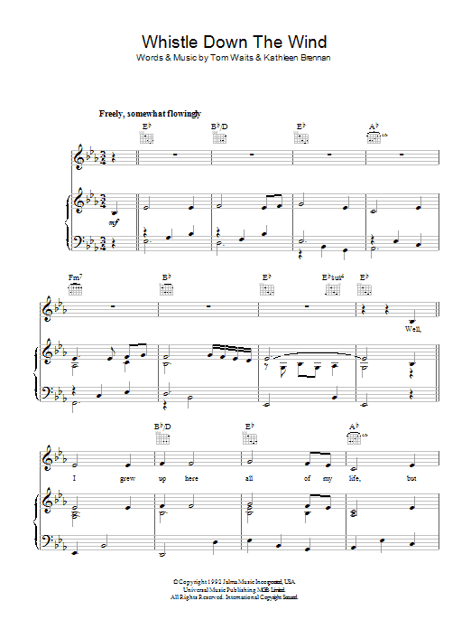 Tom Waits Whistle Down The Wind sheet music notes and chords arranged for Piano, Vocal & Guitar Chords
